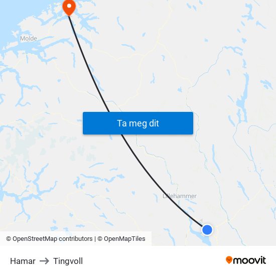 Hamar to Tingvoll map