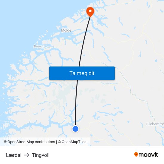 Lærdal to Tingvoll map