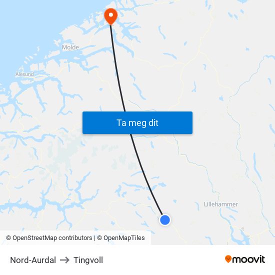Nord-Aurdal to Tingvoll map