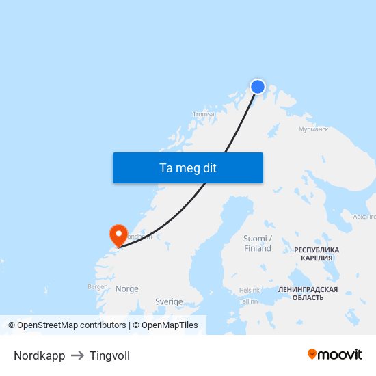 Nordkapp to Tingvoll map