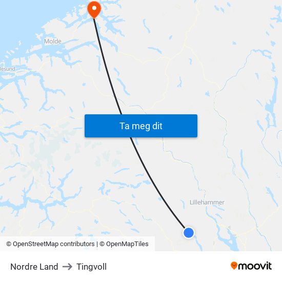 Nordre Land to Tingvoll map
