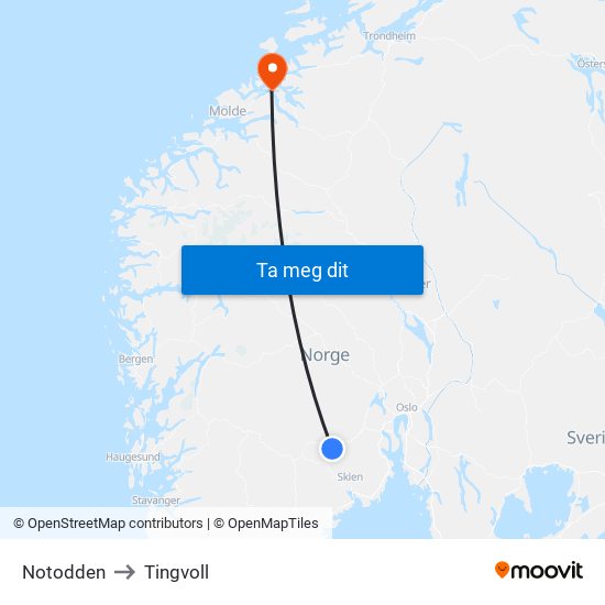 Notodden to Tingvoll map