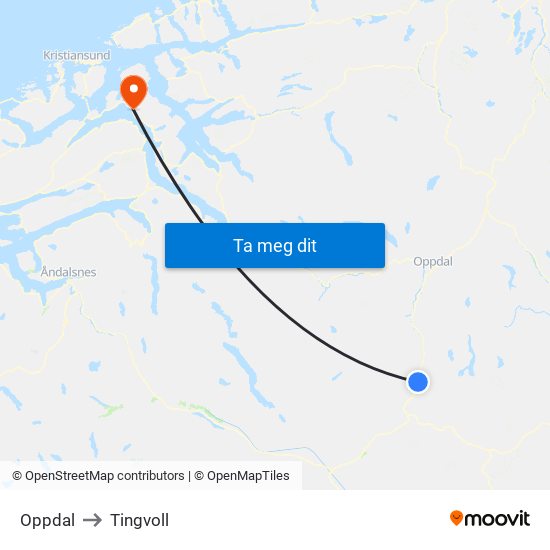 Oppdal to Tingvoll map