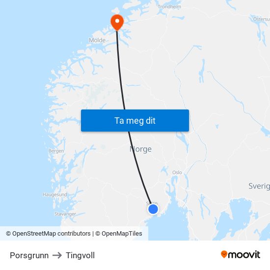 Porsgrunn to Tingvoll map