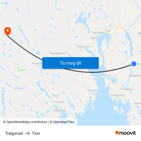 Trøgstad to Tinn map