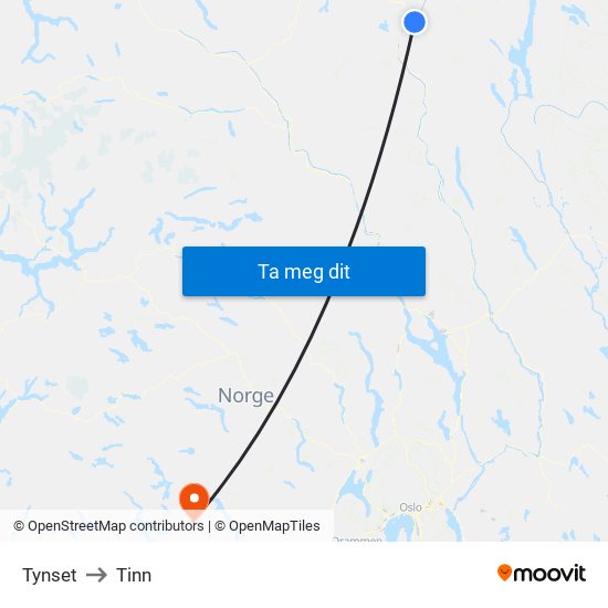 Tynset to Tinn map