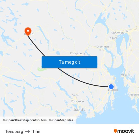 Tønsberg to Tinn map