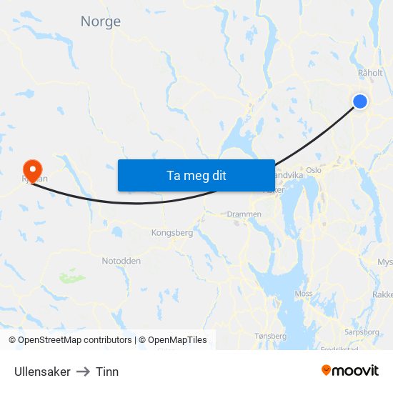 Ullensaker to Tinn map