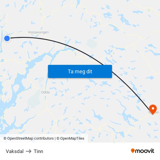 Vaksdal to Tinn map