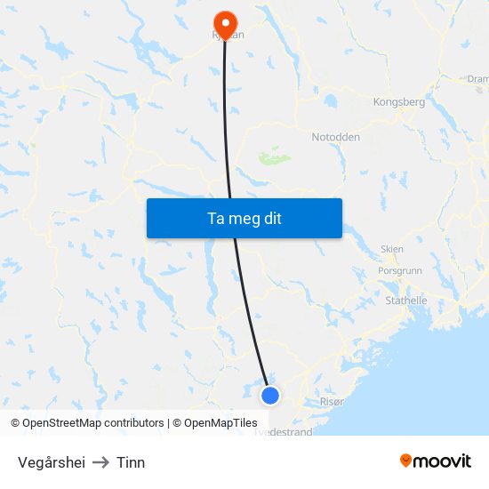 Vegårshei to Tinn map