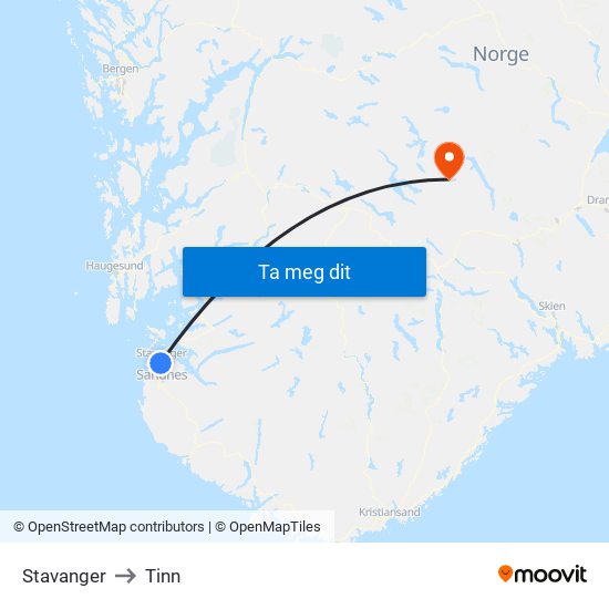 Stavanger to Tinn map