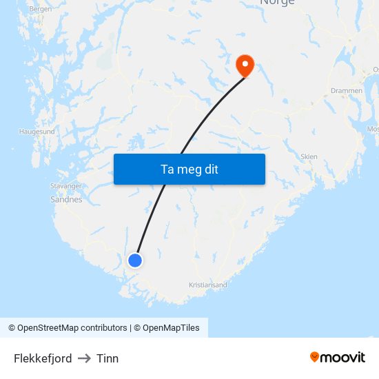 Flekkefjord to Tinn map