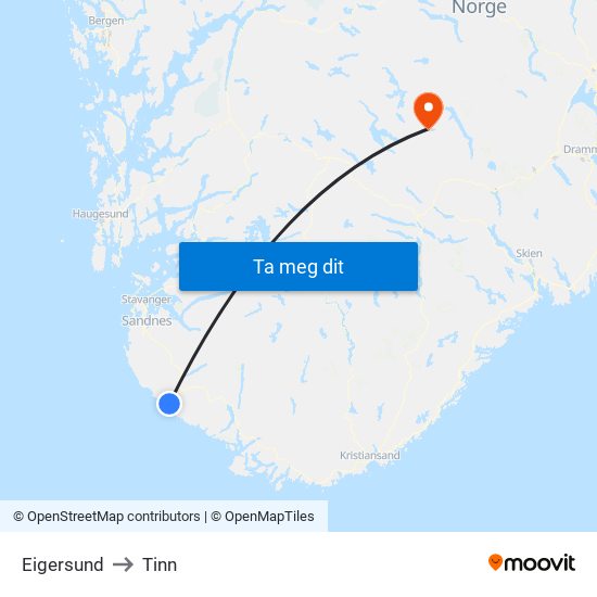 Eigersund to Tinn map