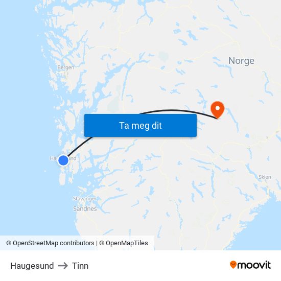 Haugesund to Tinn map