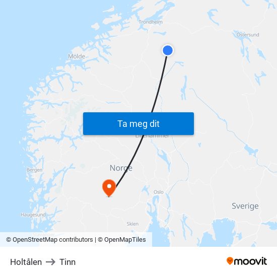 Holtålen to Tinn map