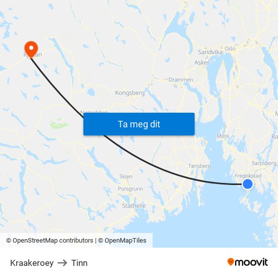 Kraakeroey to Tinn map