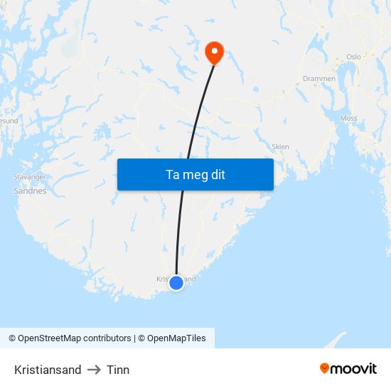 Kristiansand to Tinn map