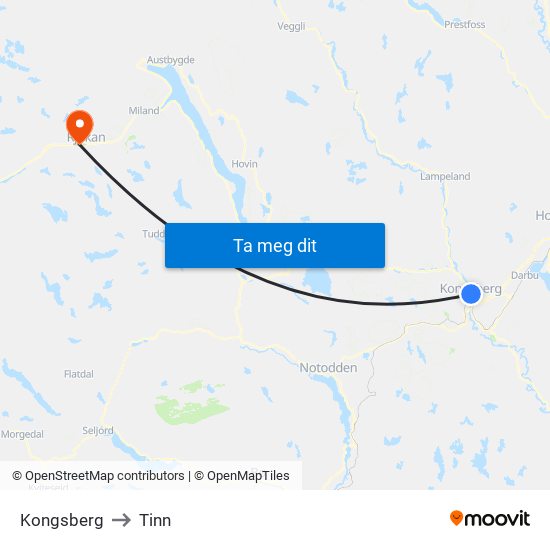 Kongsberg to Tinn map