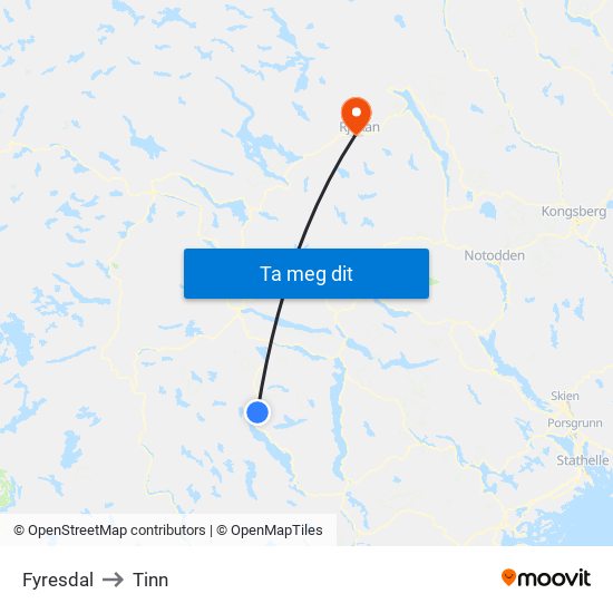 Fyresdal to Tinn map