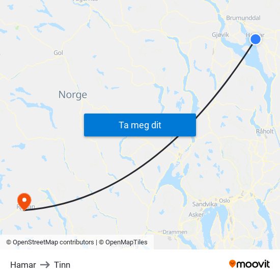 Hamar to Tinn map