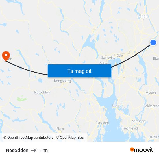 Nesodden to Tinn map