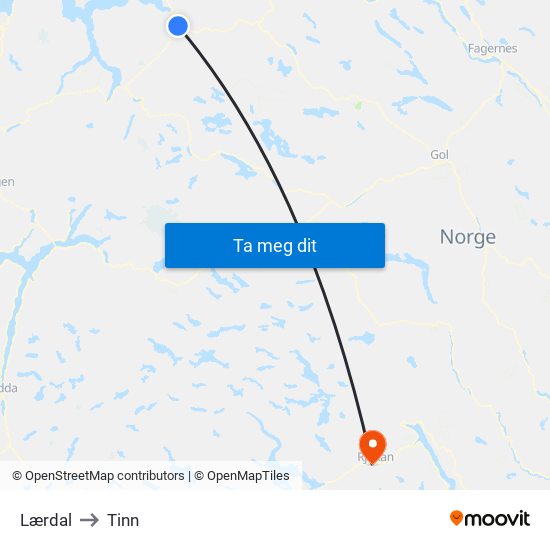 Lærdal to Tinn map