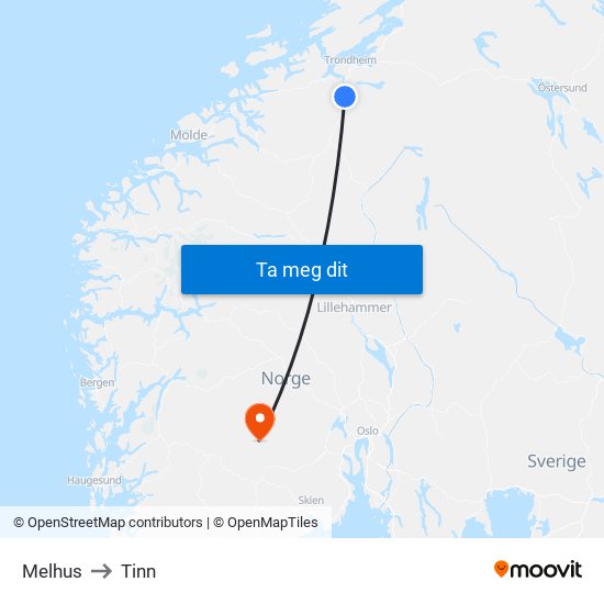 Melhus to Tinn map