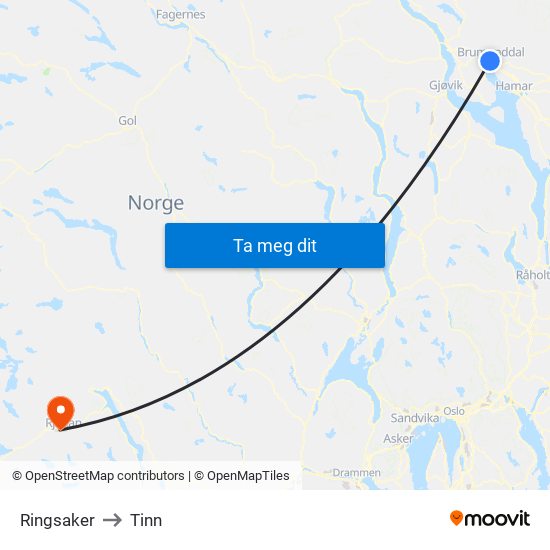 Ringsaker to Tinn map