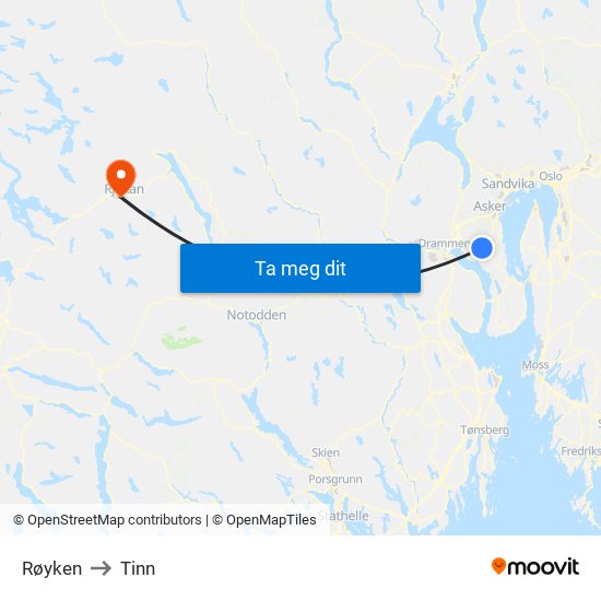 Røyken to Tinn map