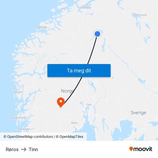 Røros to Tinn map