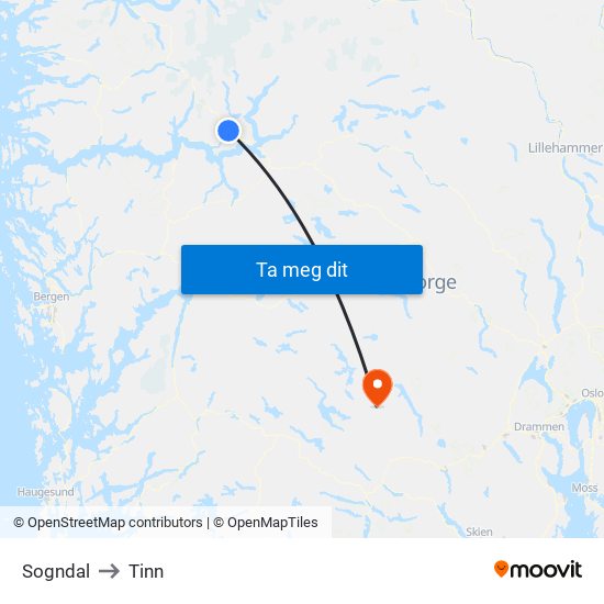 Sogndal to Tinn map