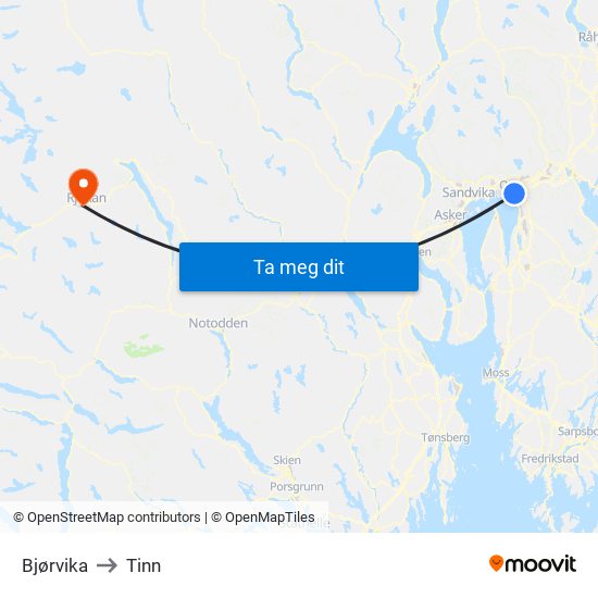 Bjørvika to Tinn map