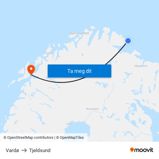 Vardø to Tjeldsund map