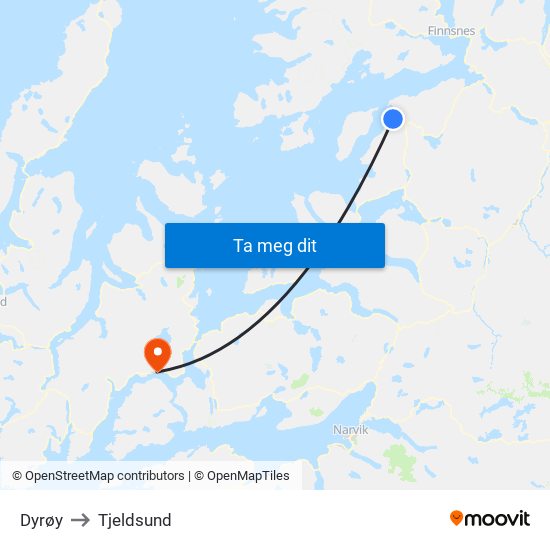 Dyrøy to Tjeldsund map