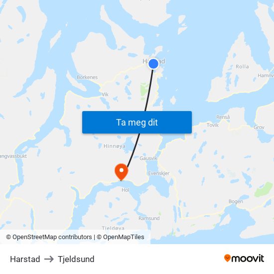 Harstad to Tjeldsund map