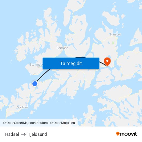 Hadsel to Tjeldsund map