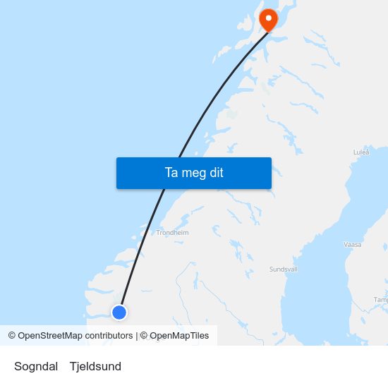 Sogndal to Tjeldsund map