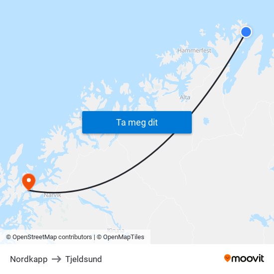 Nordkapp to Tjeldsund map