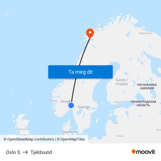 Oslo S to Tjeldsund map