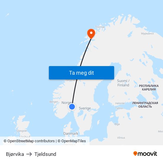 Bjørvika to Tjeldsund map