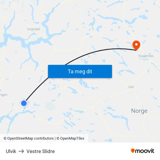 Ulvik to Vestre Slidre map