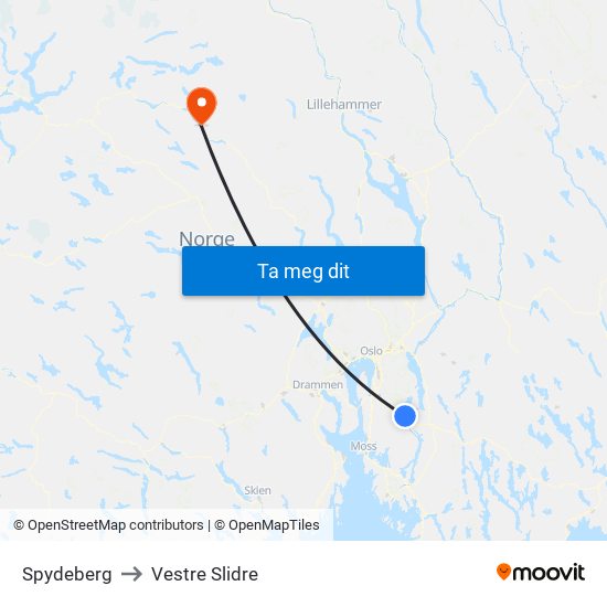 Spydeberg to Vestre Slidre map