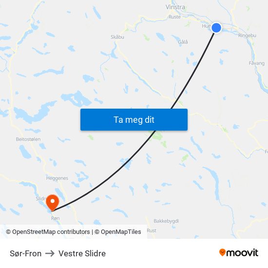 Sør-Fron to Vestre Slidre map