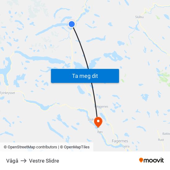 Vågå to Vestre Slidre map