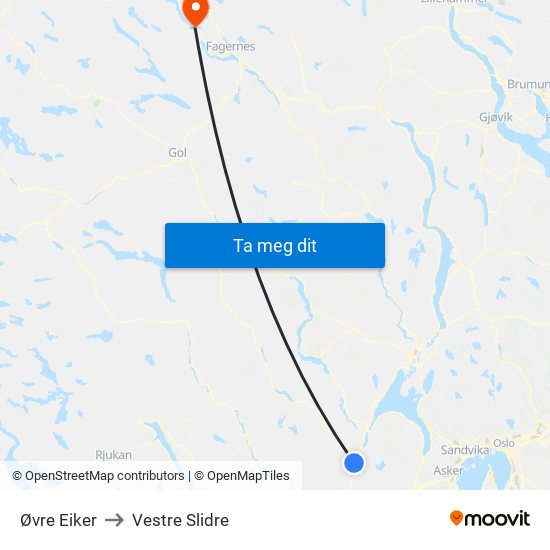 Øvre Eiker to Vestre Slidre map