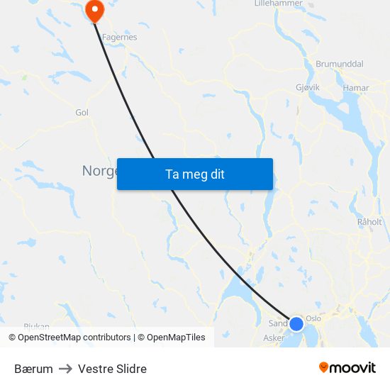 Bærum to Vestre Slidre map