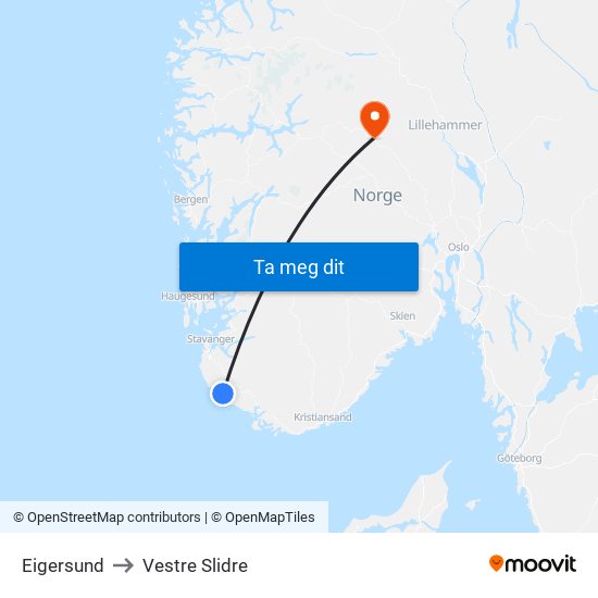 Eigersund to Vestre Slidre map