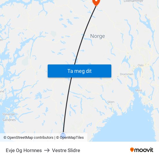 Evje Og Hornnes to Vestre Slidre map