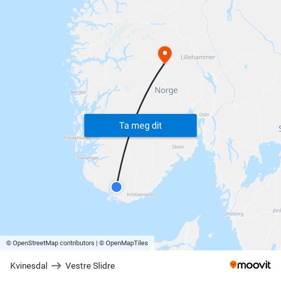 Kvinesdal to Vestre Slidre map