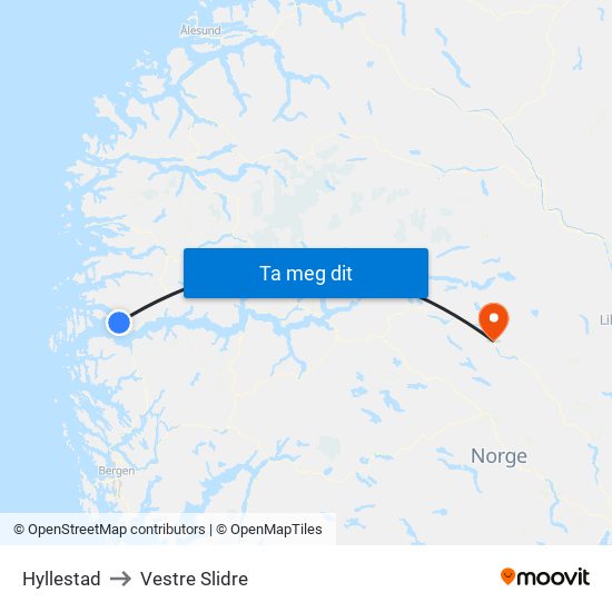 Hyllestad to Vestre Slidre map